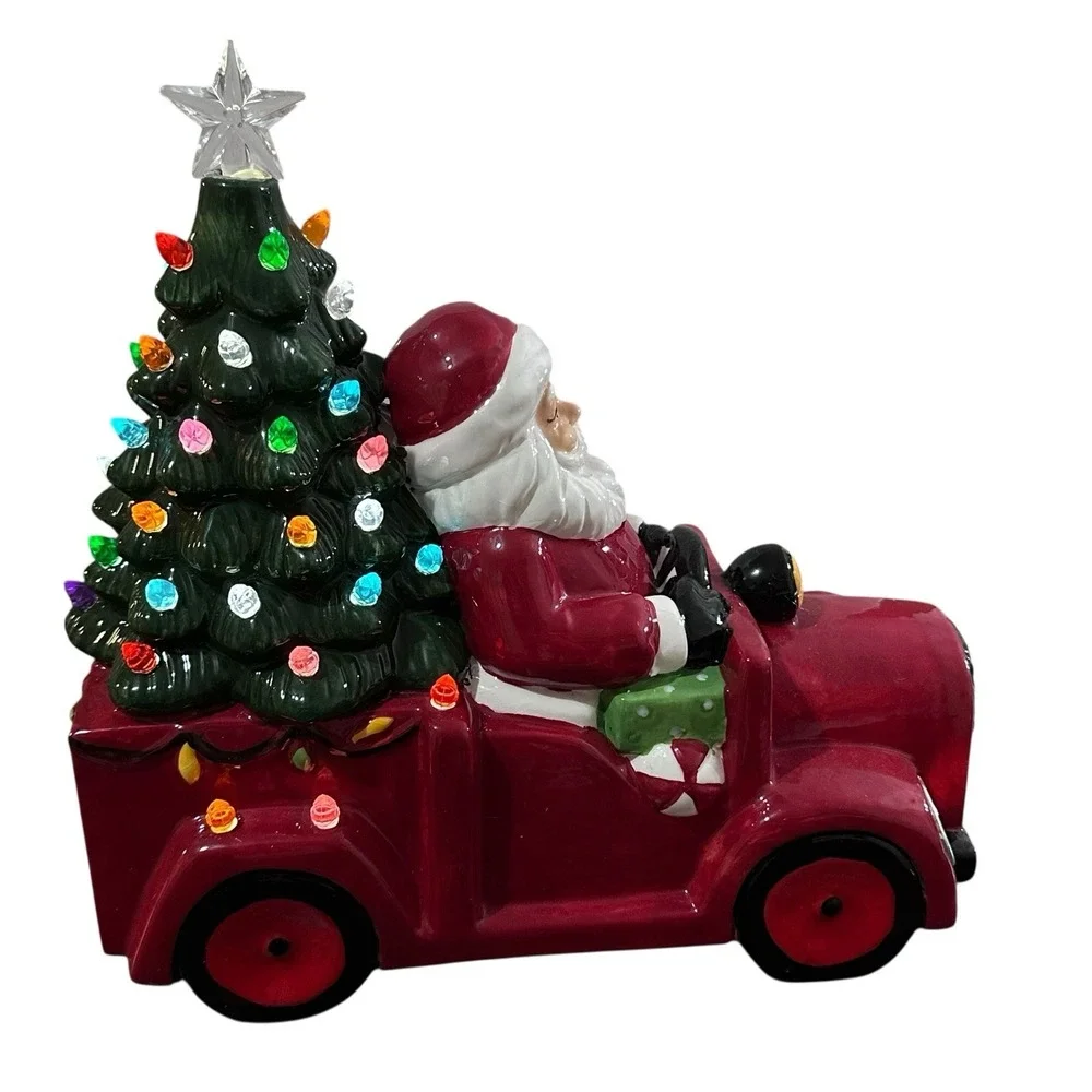 Ceramic Santa's Red Christmas Tree Delivery Truck Lights‎ Up Night Light